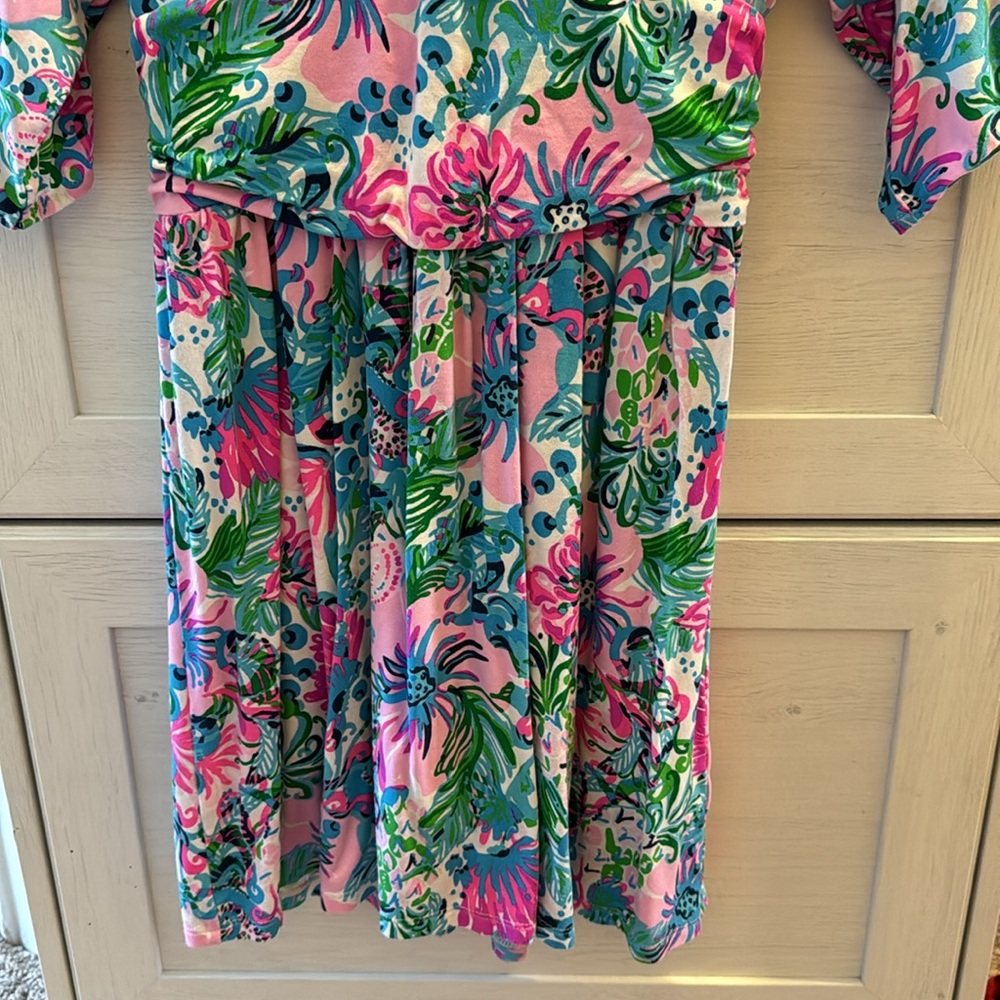 Lilly Pulitzer Pink Floral Wrap Jumpsuit with Green & Blue Botanical Print - Picture 3 of 5